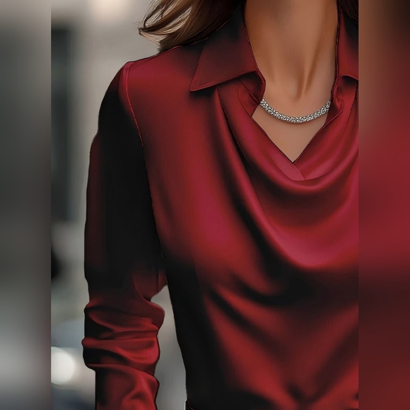 Elegant Collared Neck Women's Red Top - Picture 2 of 7